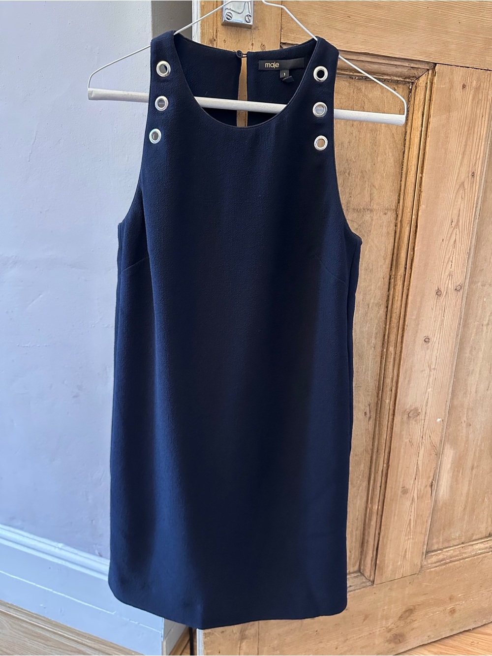 Maje Navy Shift Dress with Silver Grommet Details
